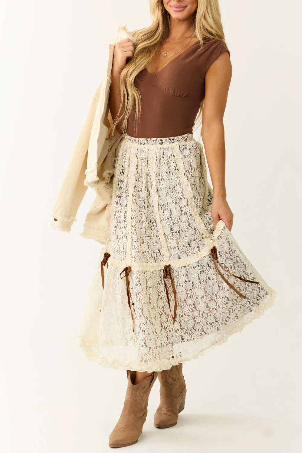 Cream Lace Maxi Skirt with Velvet Bow Detail