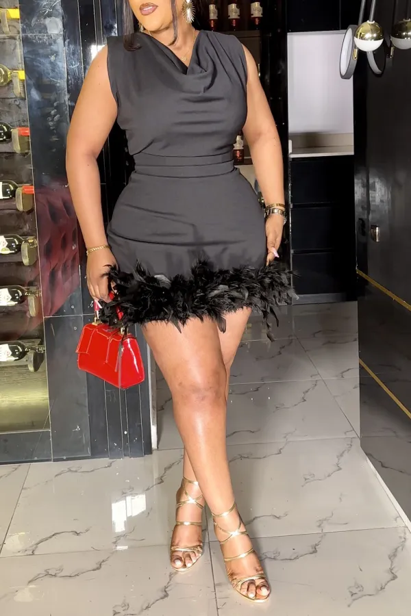 Plus Size Black Party Sleeveless Feather V Neck Mini Dresses