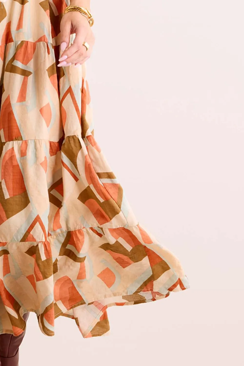 Multicolored Abstract Print Tie-Waist Maxi Dress