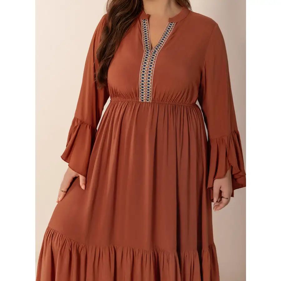 Plus Size Ruffled Notched Long Sleeve Midi Dress