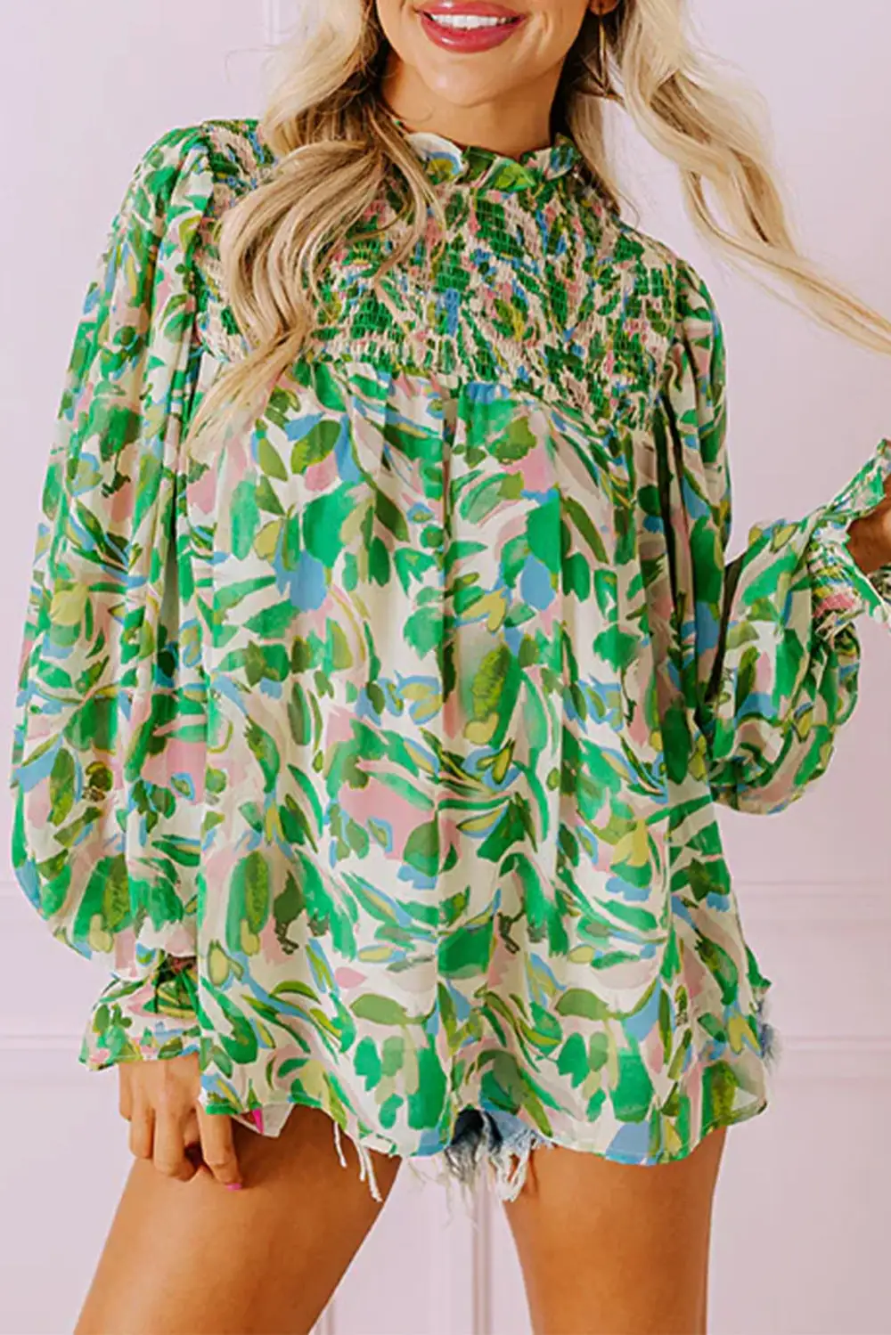 Floral Smocked Shirred Blouse