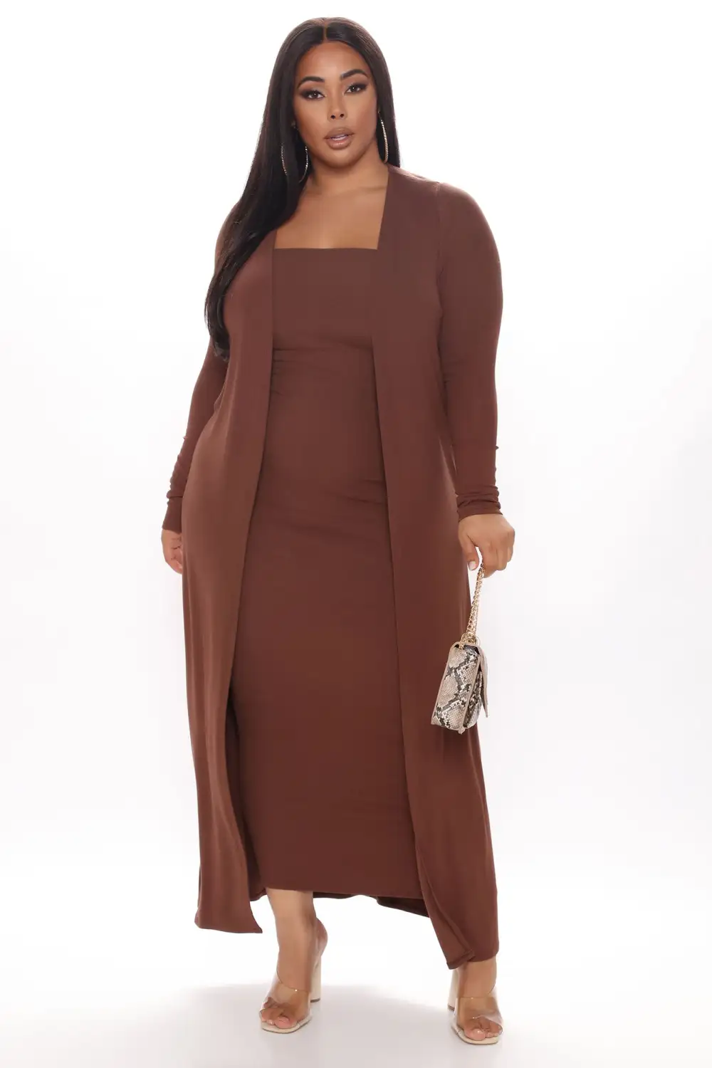 Satisfied Ribbed Maxi Dress Set - Brown
