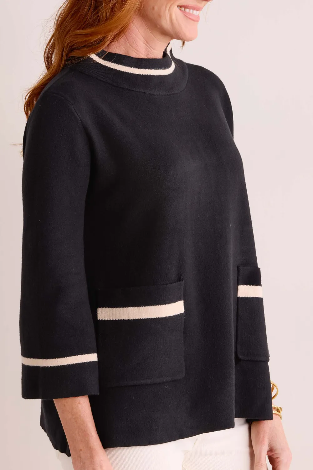Black Mock Neck Patch Pockets Contrast Trim Sweater