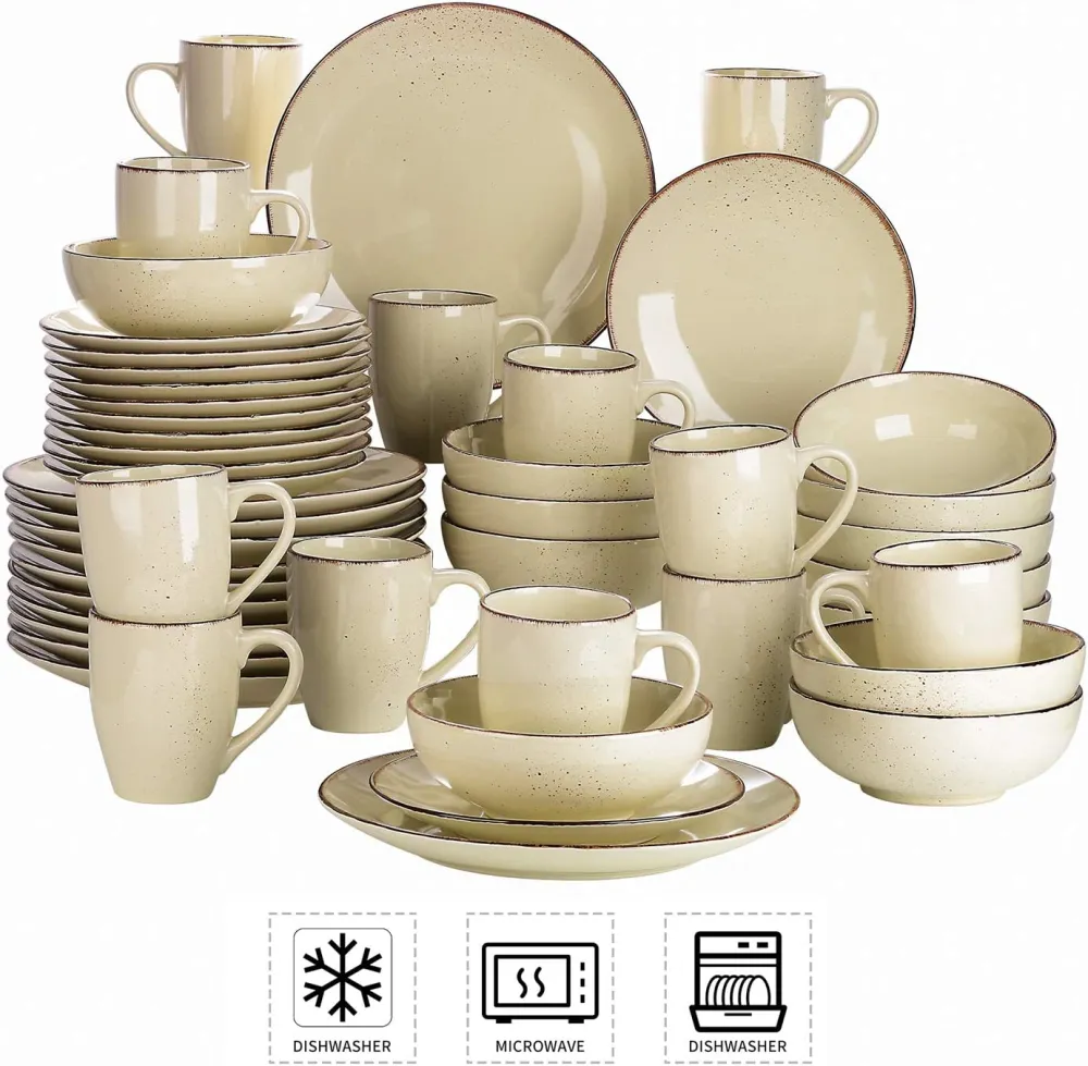 vancasso Navia Ceramic Dinnerware Set, 48 pieces Set of 12 Stoneware Spray Spot Patterned Service Dish with Dinner Plates, Salad Plates, Bowls, Mugs - Grey