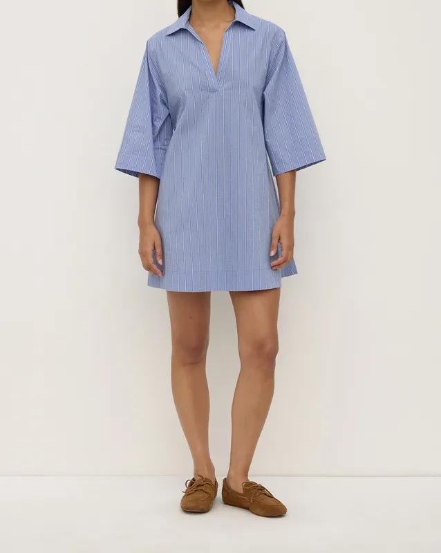Blue & White Striped Mini Shirt Dress