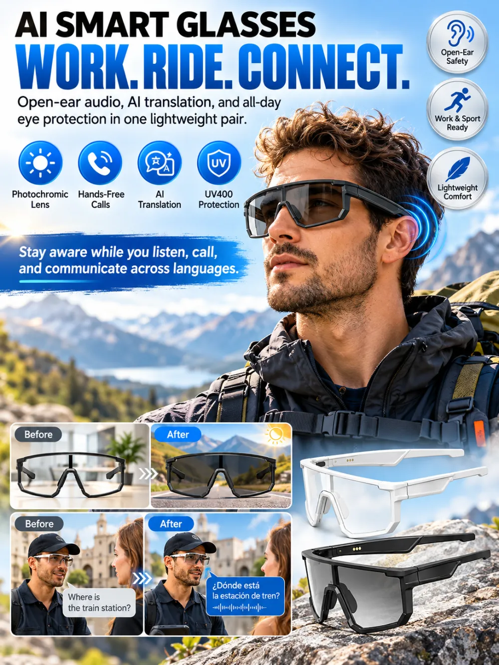 AI Smart Translation Bluetooth Sports Windproof Glasses with Photochromic Lenses, Hands-Free Calling, AI Translation, UV400 Protection, Lightweight, Voice Assistant for Cycling and Warehouse Work