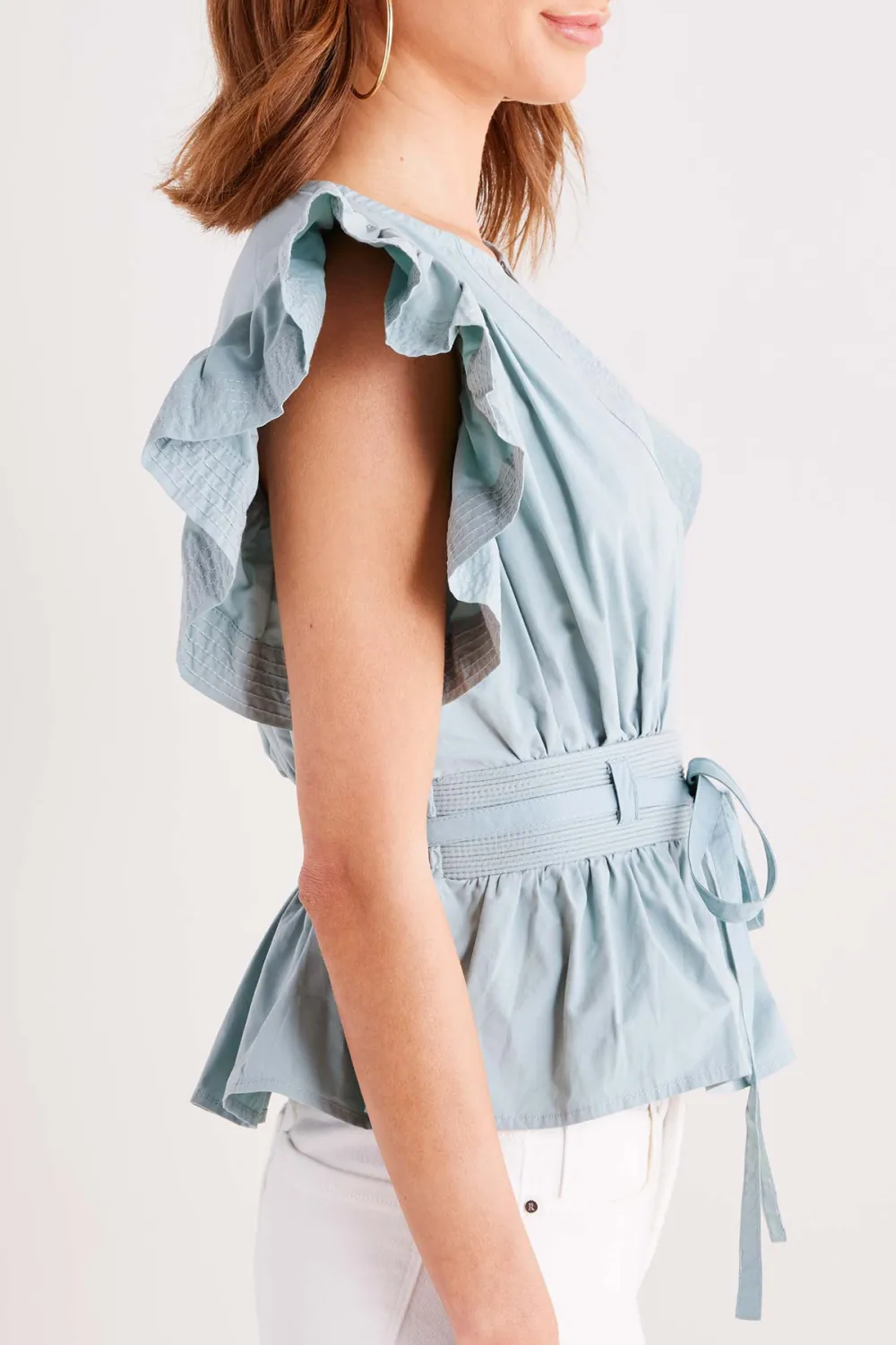 Ruffled Sleeve Tie-Waist Peplum Top