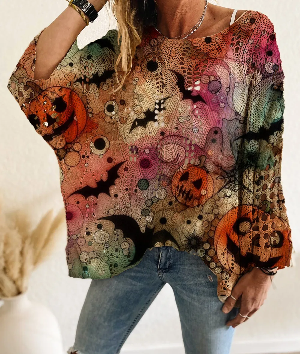 Halloween Long Sleeve with Diamond Cutout Bat Pumpkin Print
