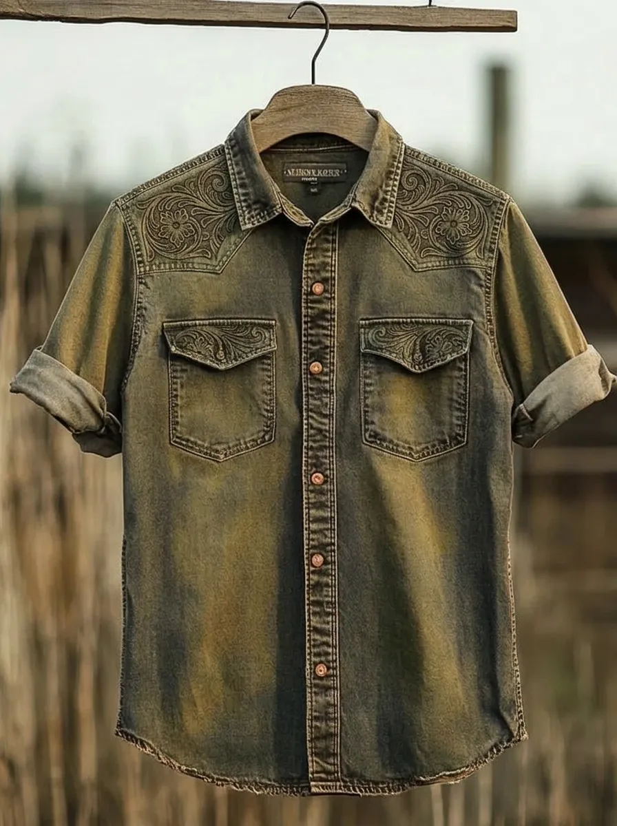 Men's Western Style Floral Tooled Print Washed Denim Shirt