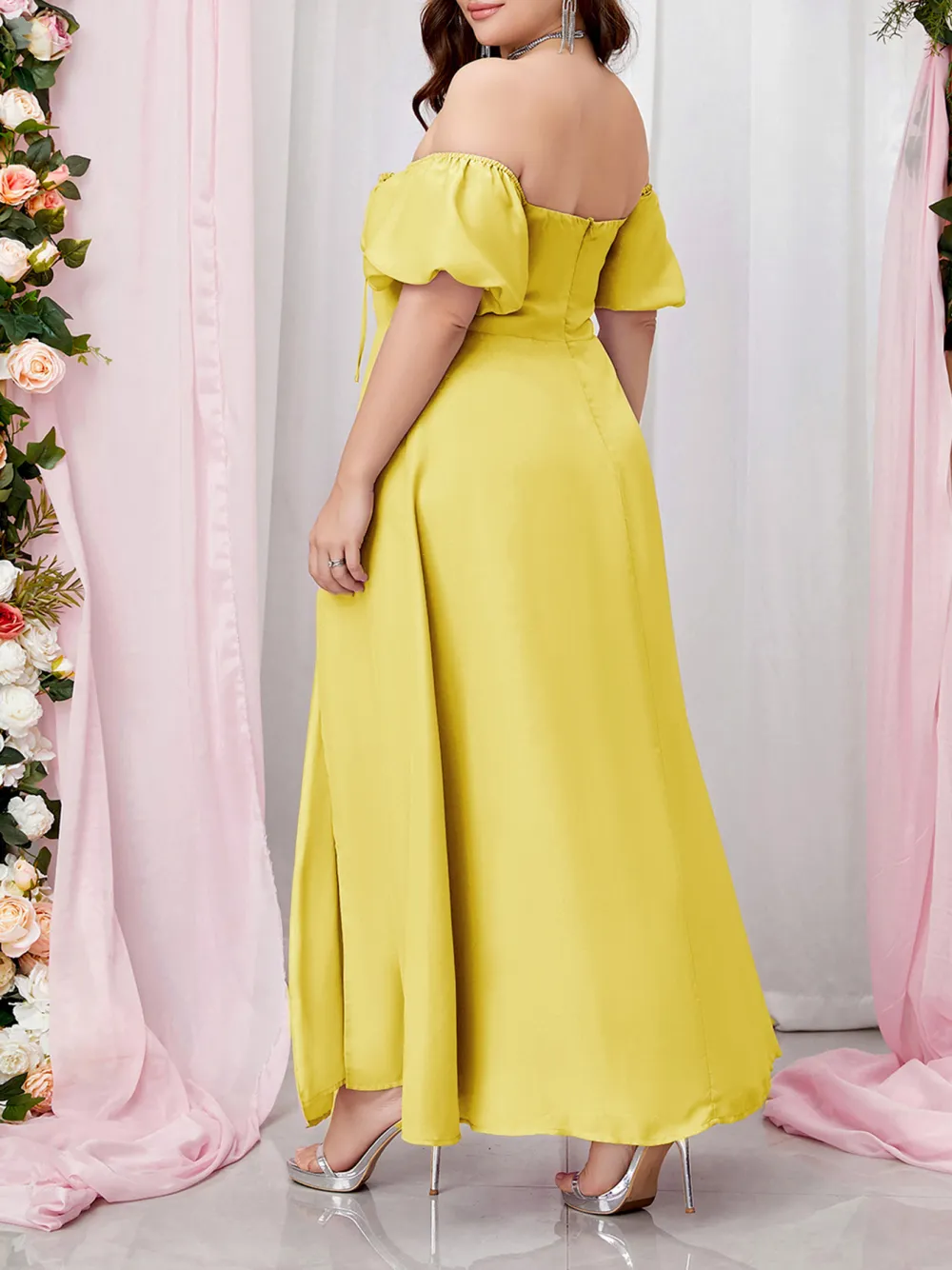 Strapless Dress With Puff Sleeves And High Slits Long Dress Plus Siz