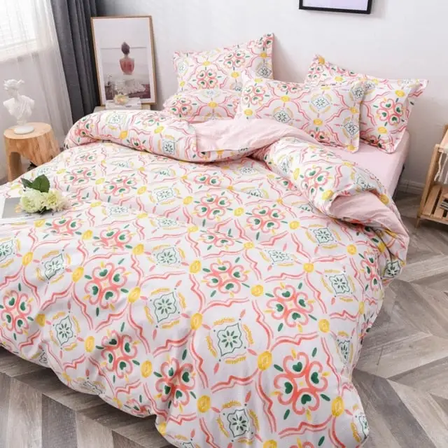 (Store Closing Sale) Flower Duvet Cover Bedding Set Peach Daisy Pastoral style Flat Bed Sheet