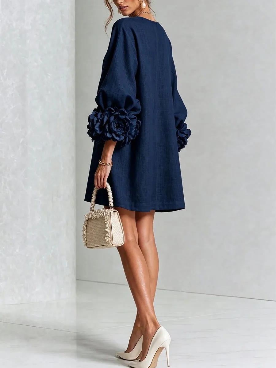 Elegant 3D Floral Button-Front Mini Dress With Striking Floral Cuffs