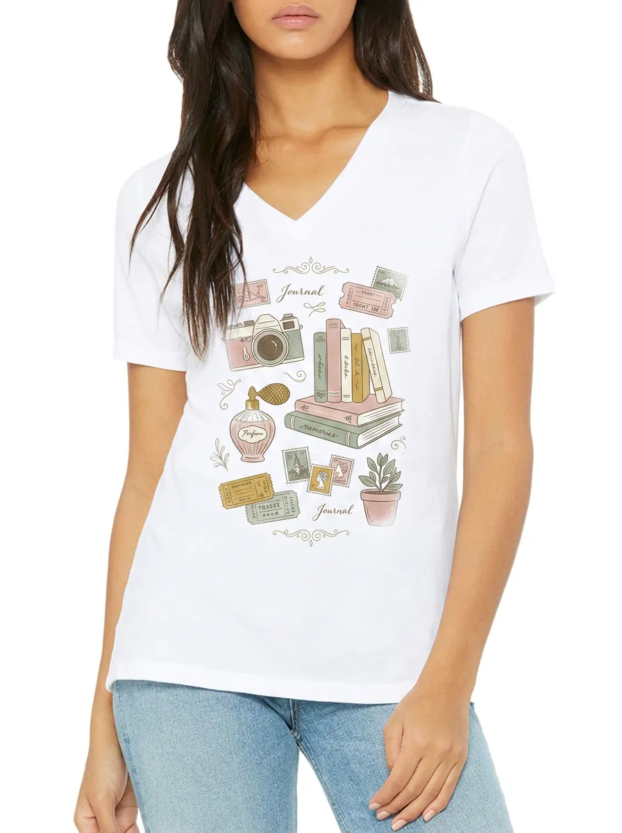 Women's Journaling Lover Vintage Stationery Printed V-Neck T-Shirt