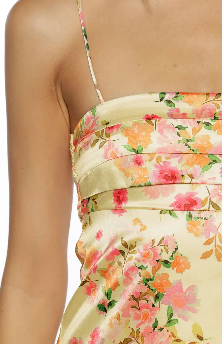 Ruched Floral Satin Bloom Mini Dress
