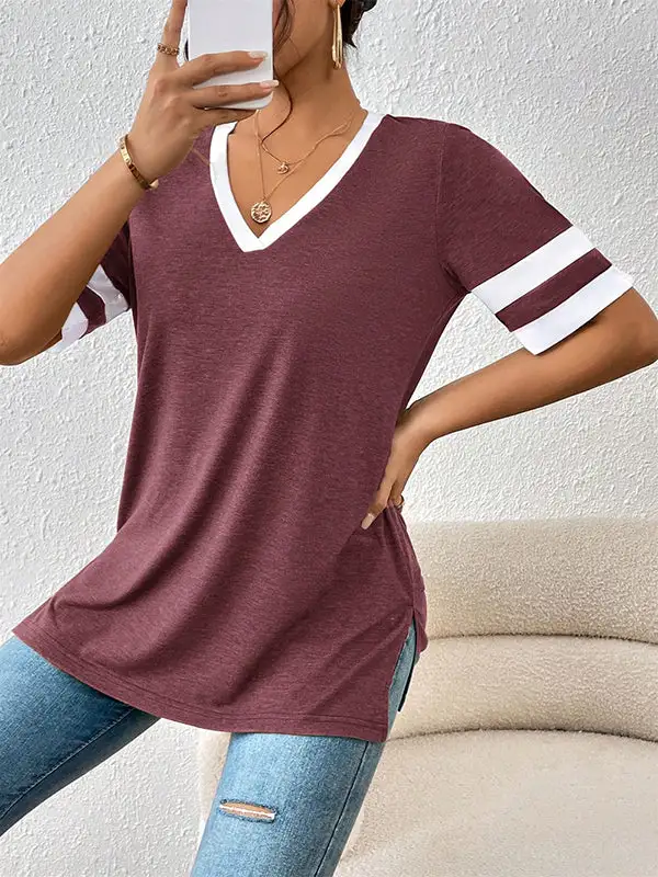 Relaxed Short Sleeve Panel Detail Side Slit Stripe V-Neck T-Shirt