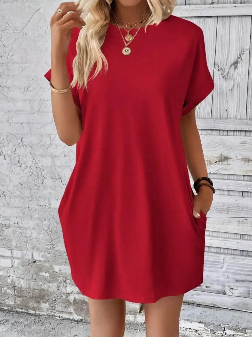 Pocketed Round Neck Short Sleeve Casual Dress