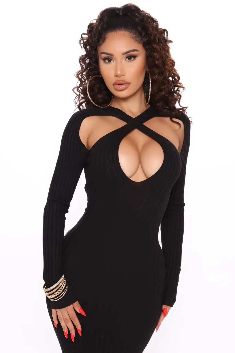 Caught Looking Sweater Midi Dress - Black