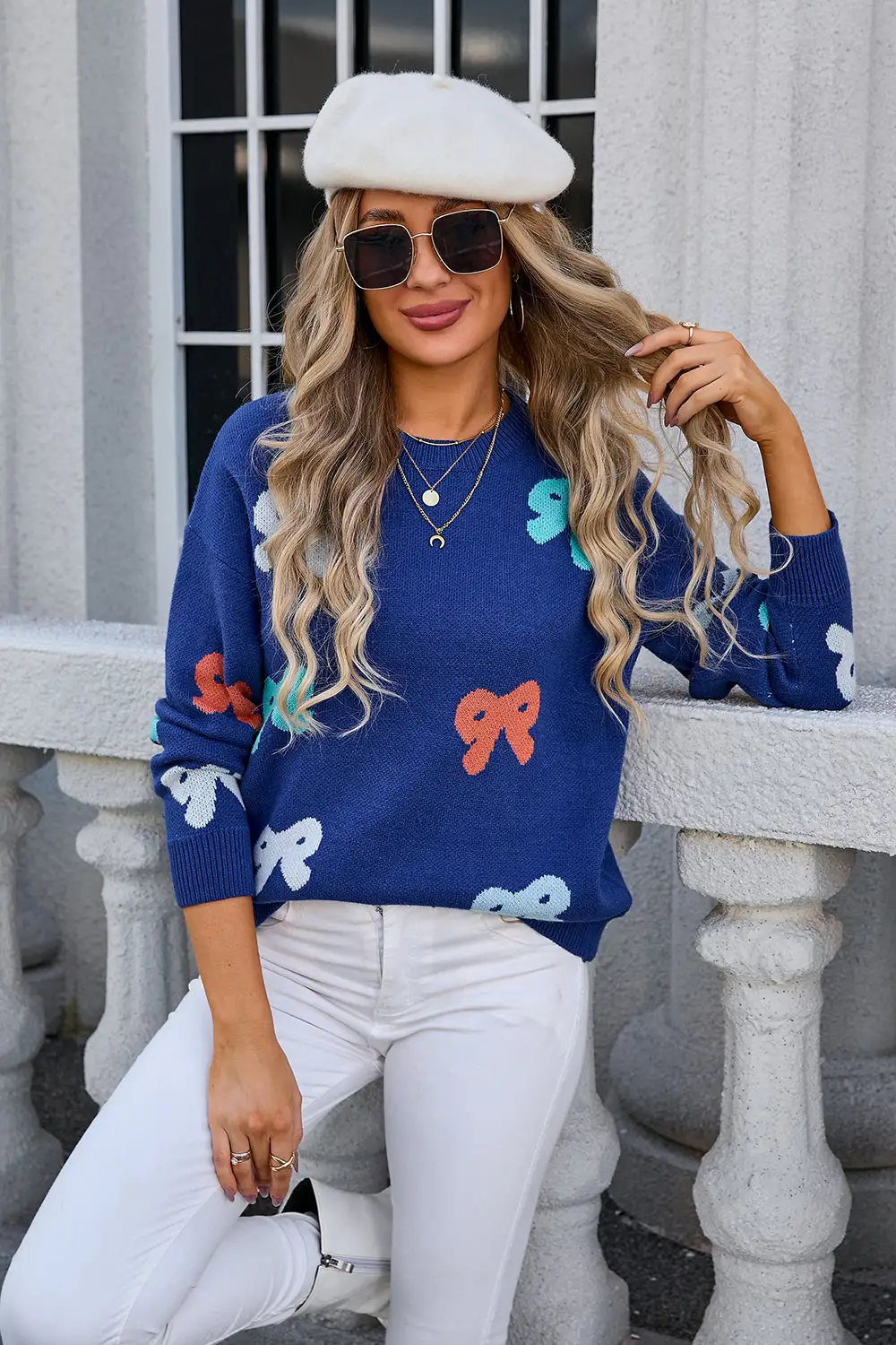 Bow Print Round Neck Sweater