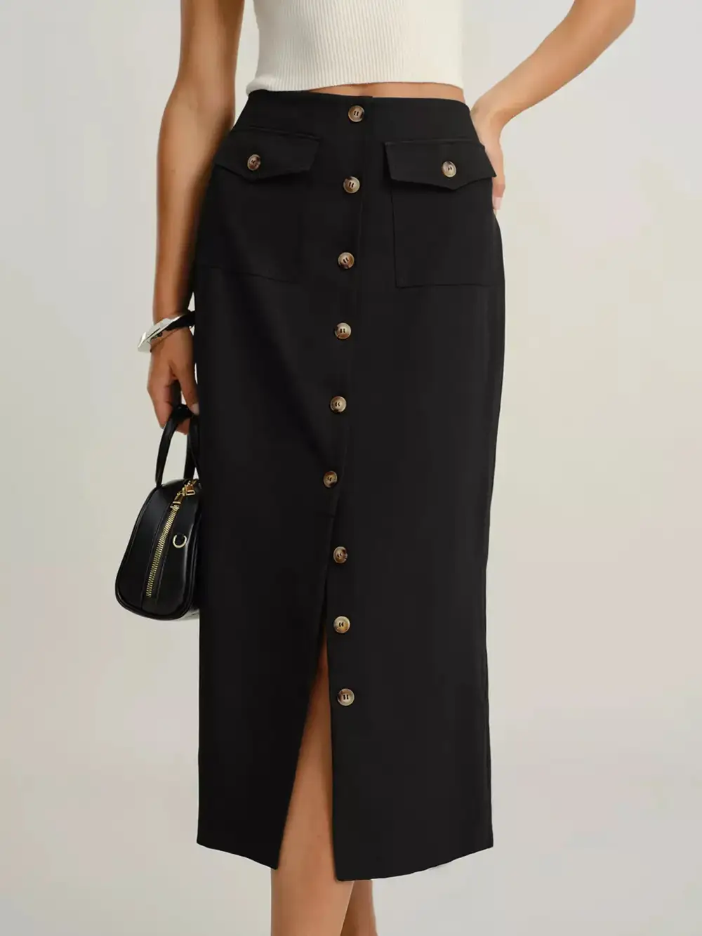Everyday Button Front Pocket Midi Skirt