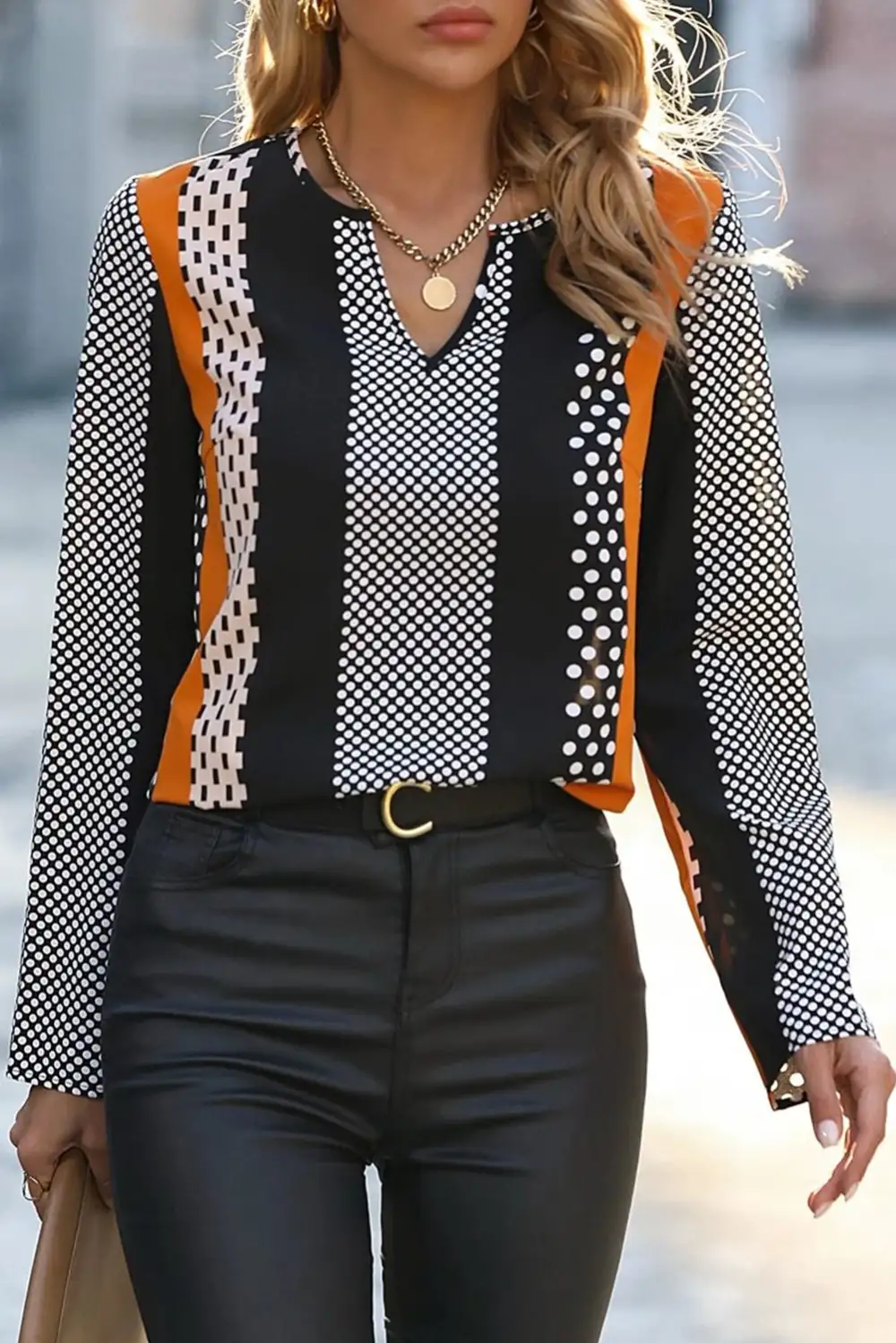 V-Neck Notched Neck Blouse