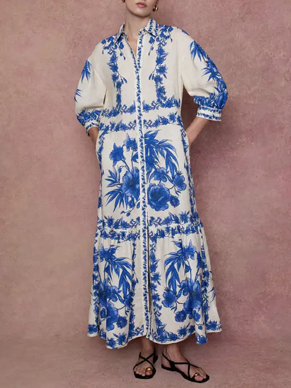 Pleated Floral Printed Shirt Maxi Dress