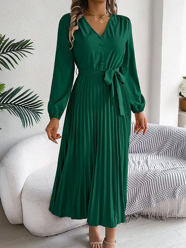 Pleated Buttoned Belted Long Neck Maxi Dress