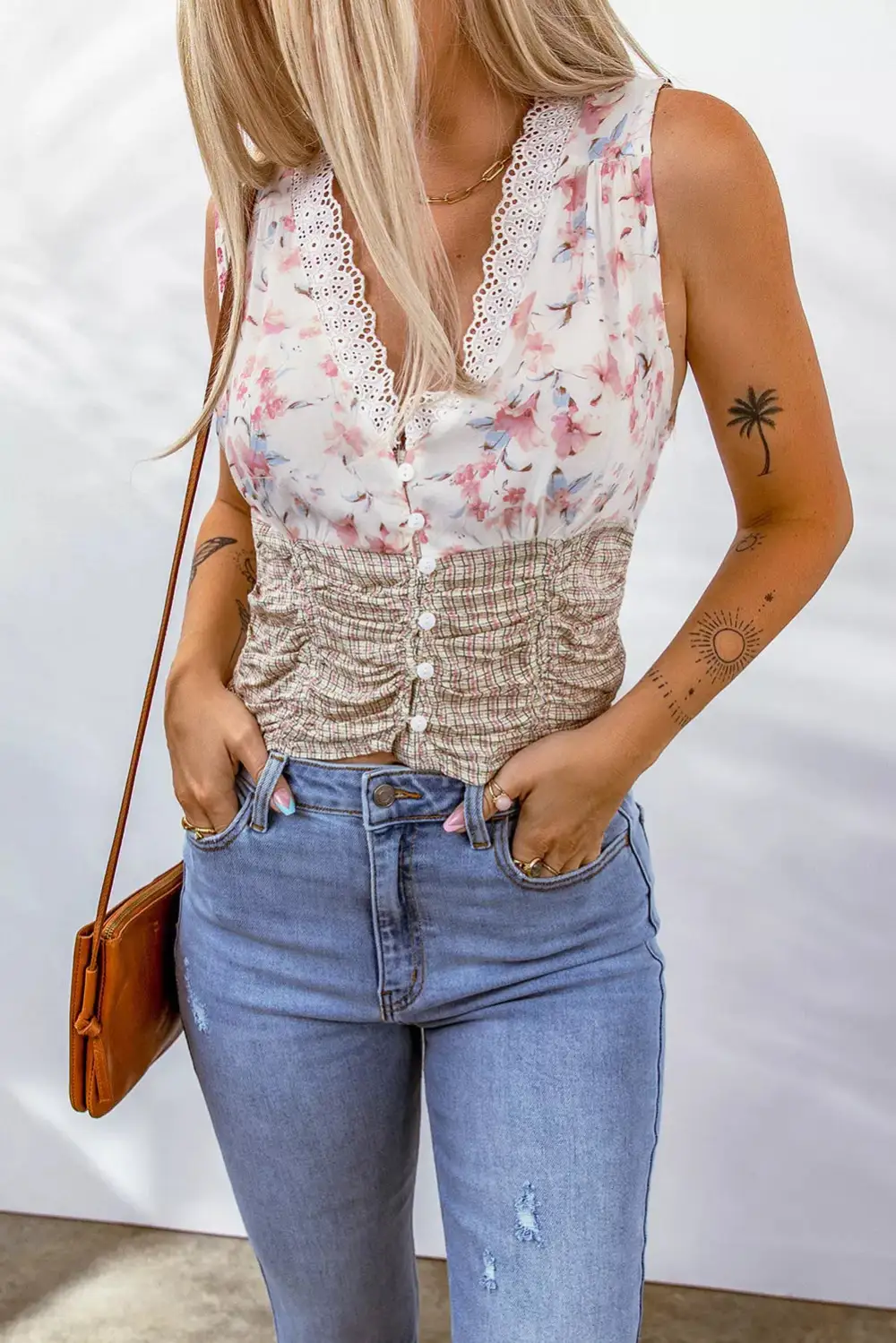 Floral Plaid Lace Patchwork Tank Top