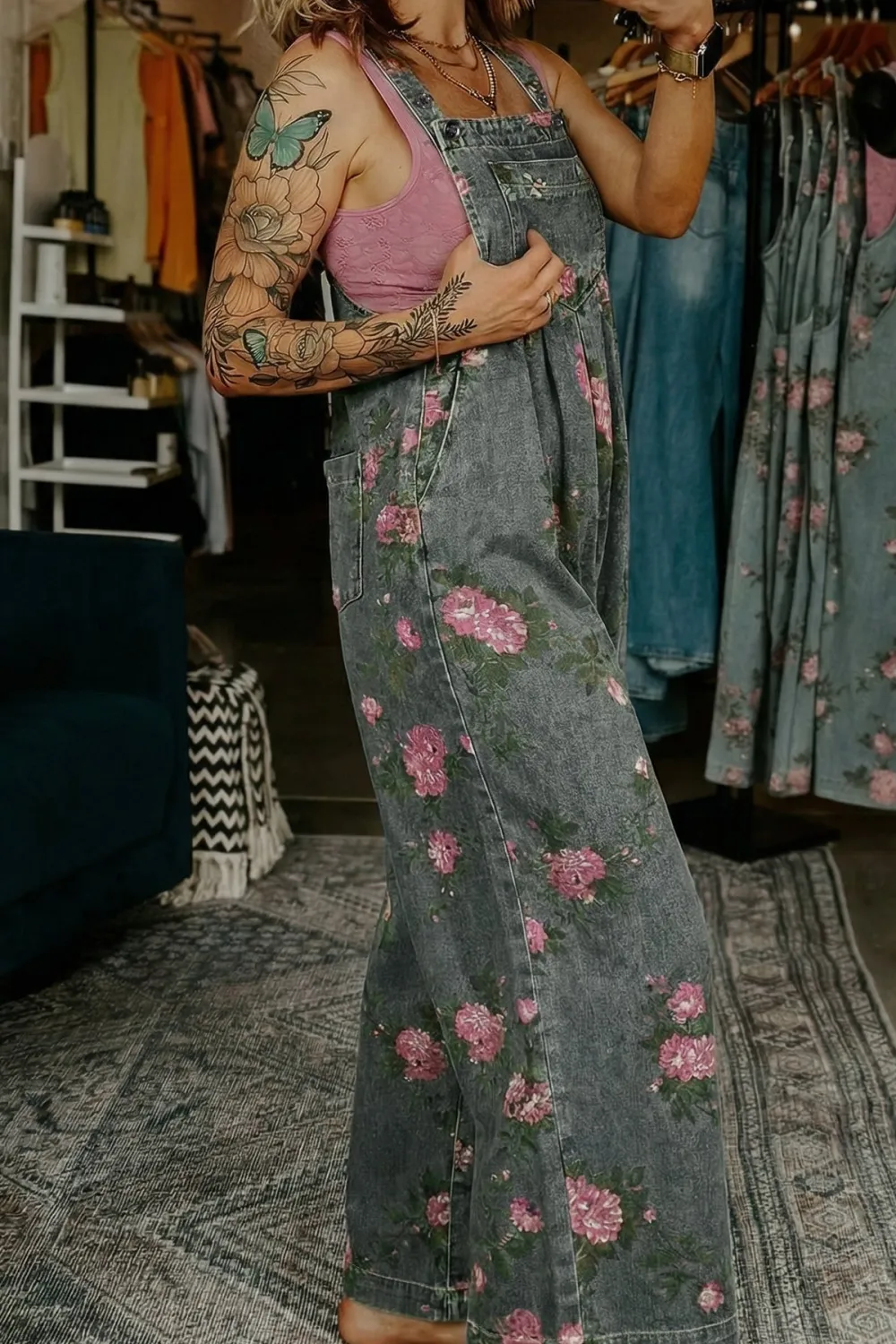 Floral Print Pleated High Waist Wide Leg Denim Jumpsuit