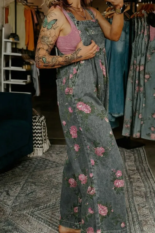 Floral Print Pleated High Waist Wide Leg Denim Jumpsuit