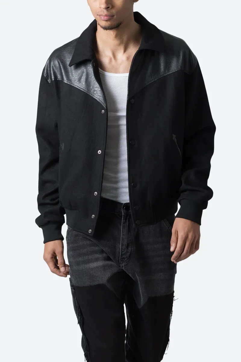 BLACK LEATHER - PATCHED BOMBER JACKET