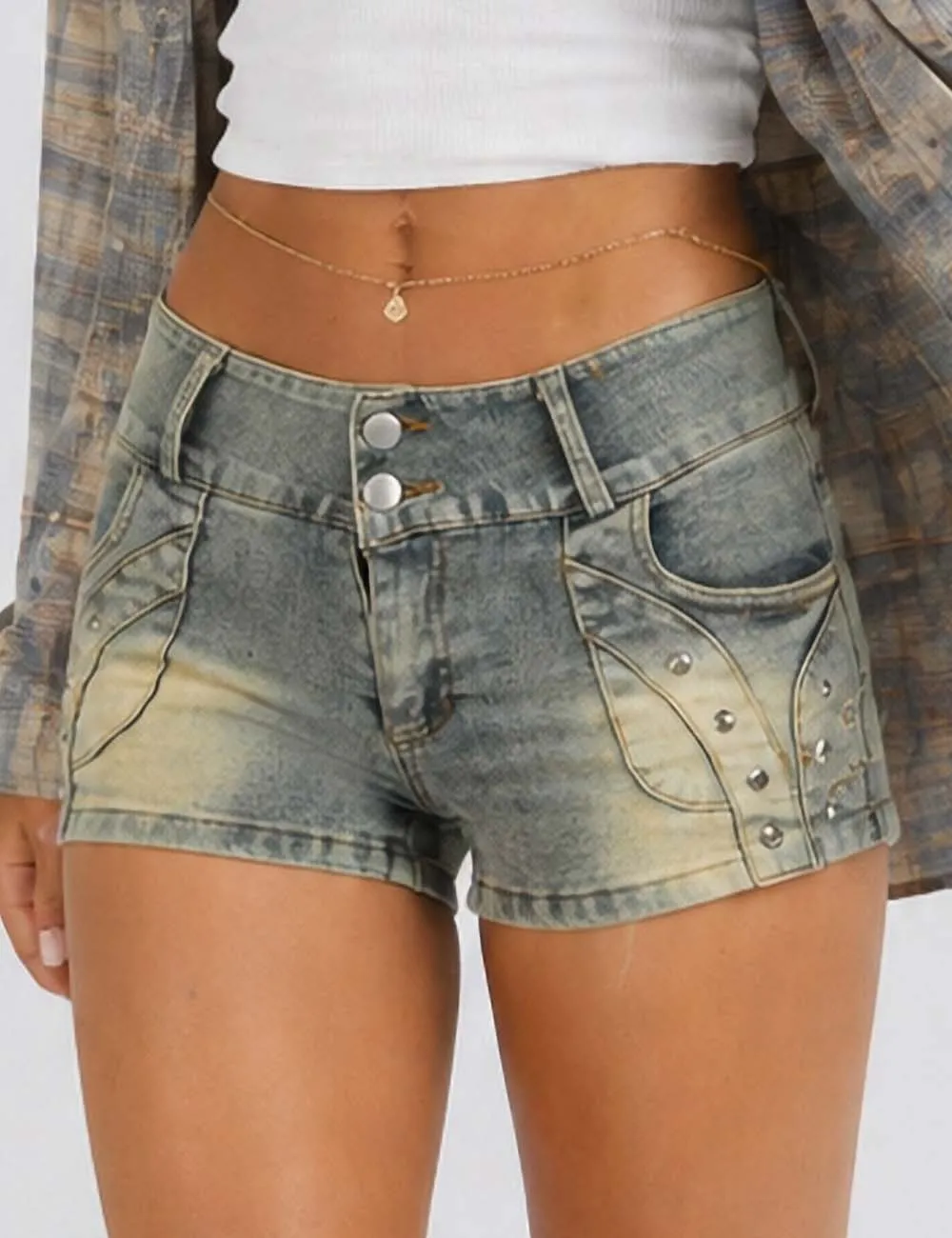 Metal Eyelet Solid Color Denim Shorts