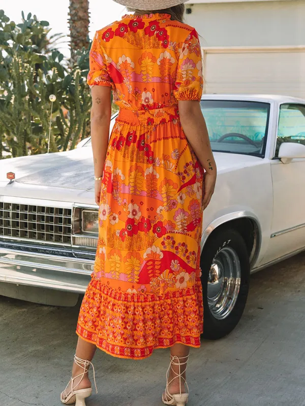 Orange Boho Floral Smocked Waist Maxi Dress with Slit