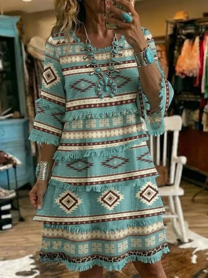 Women's Vintage Aztec Art Print Patchwork Cotton And Linen Dress