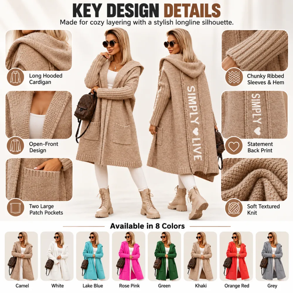 New Long Cardigan Sweater Lapel Hooded Letter Pattern Loose Knit Coat