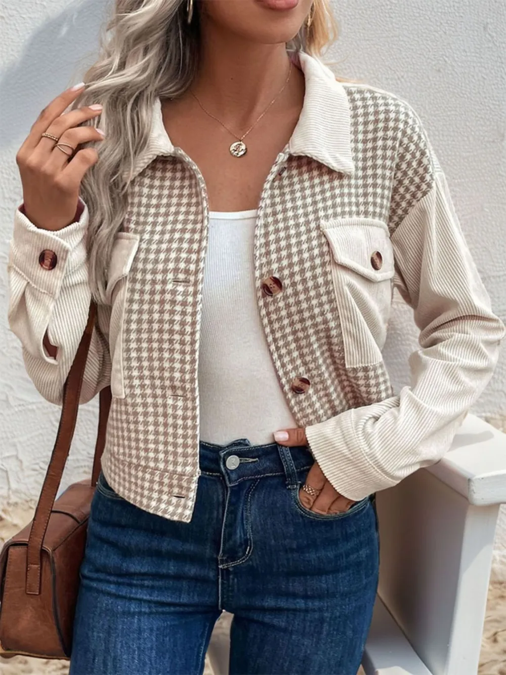 Pocketed Houndstooth Long-sleeve Jacket