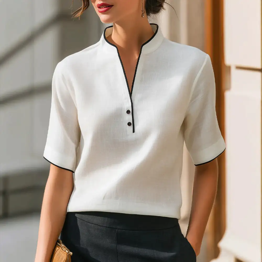 Stand Collar V-Neck Blouse