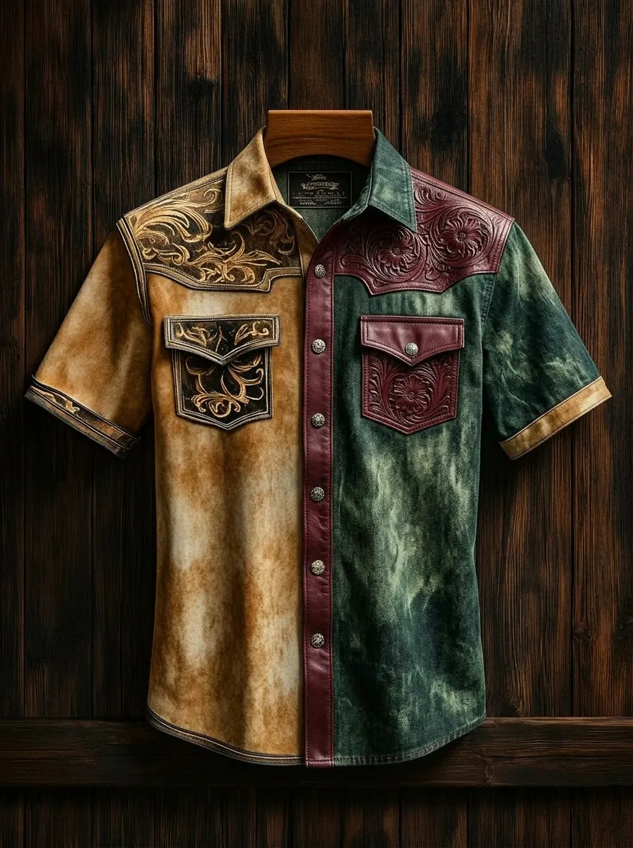 Men's Western Style Floral Tooled Leather Pattern Printed Shirt