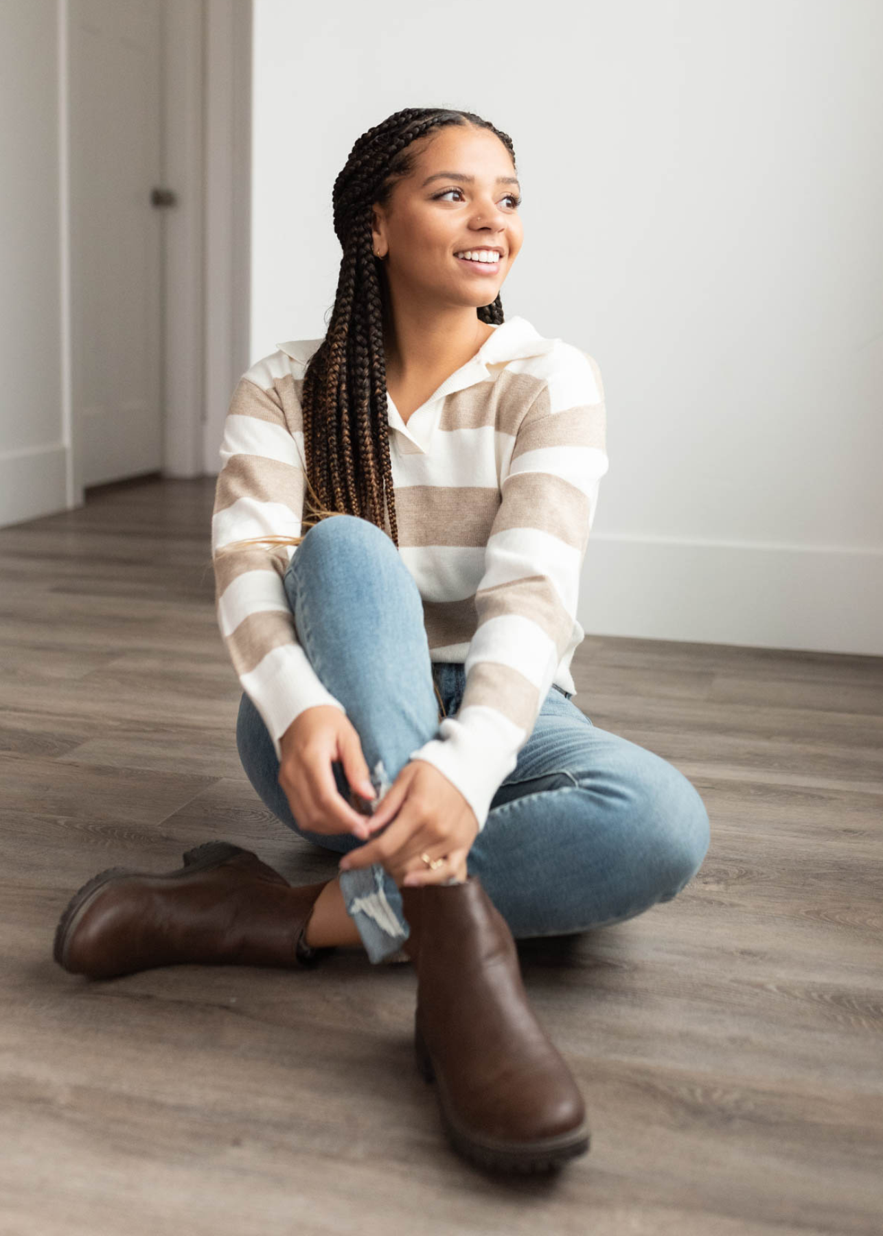 Flora Taupe Stripe Collared Sweater