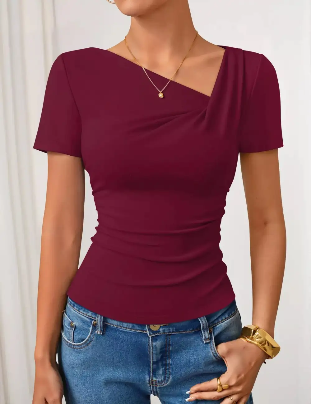 Asymmetrical Neckline Fitted T Shirt