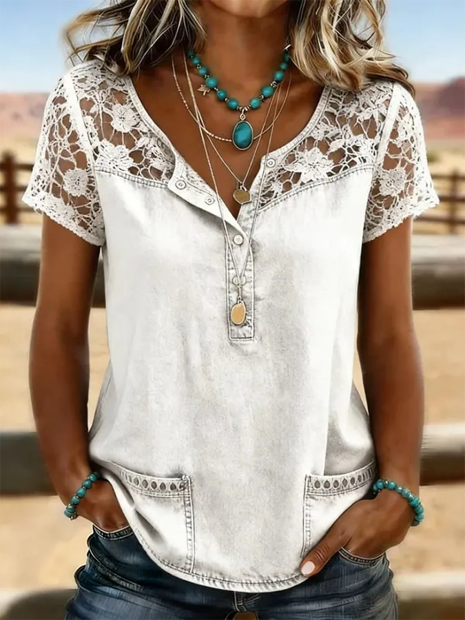 Women's Vintage Print Casual Hollow-Out Denim Shirt