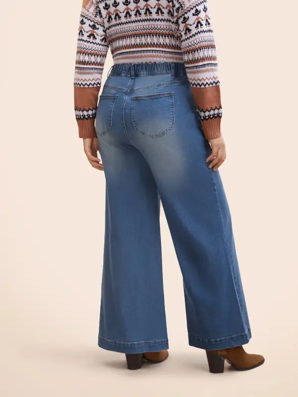 Stretch Denim Wide Leg Cut Jeans