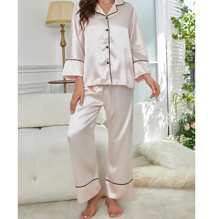 Contrast Piping Button Up Top and Pants Pajama Set