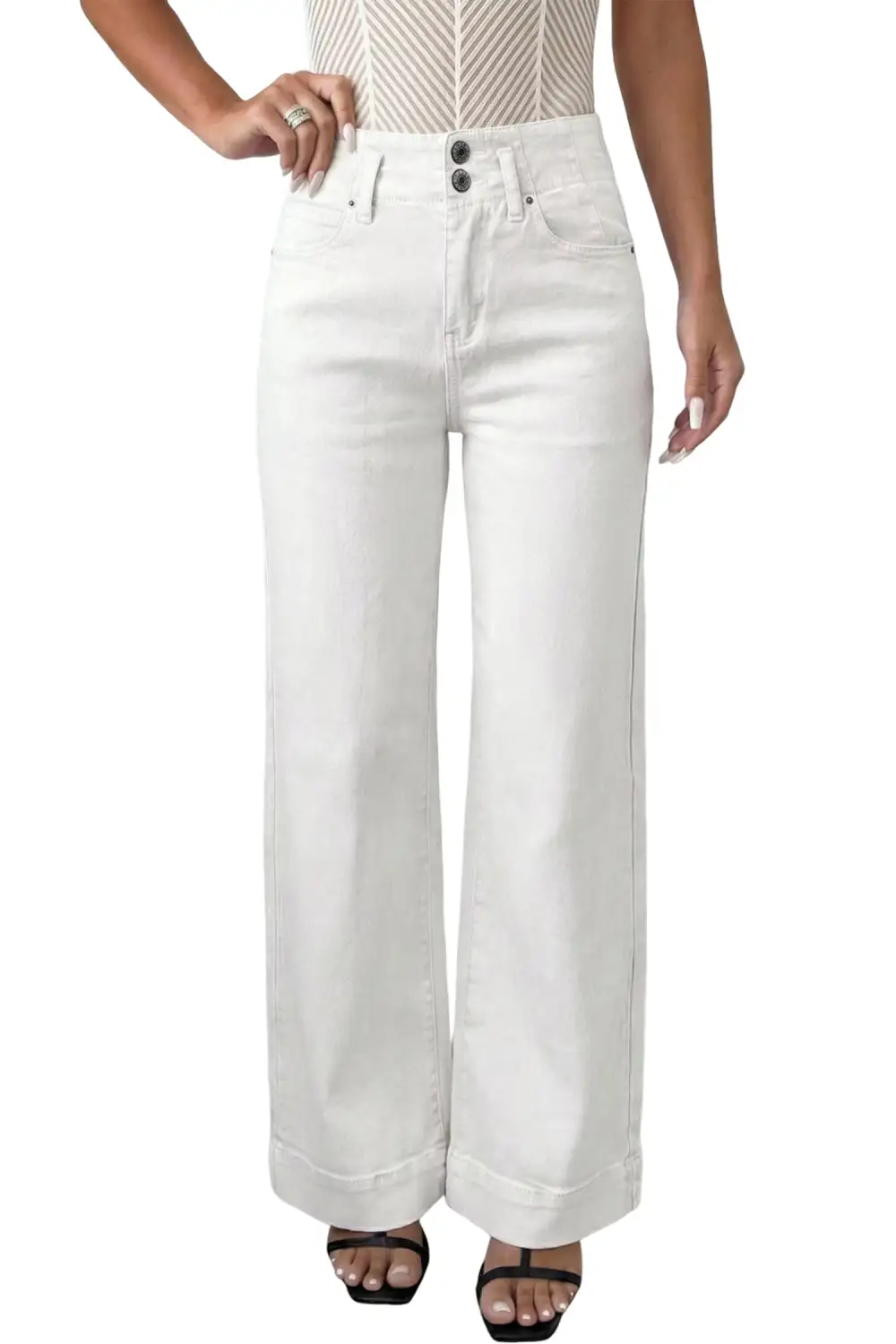 -button High Waist Wide Leg Jeans
