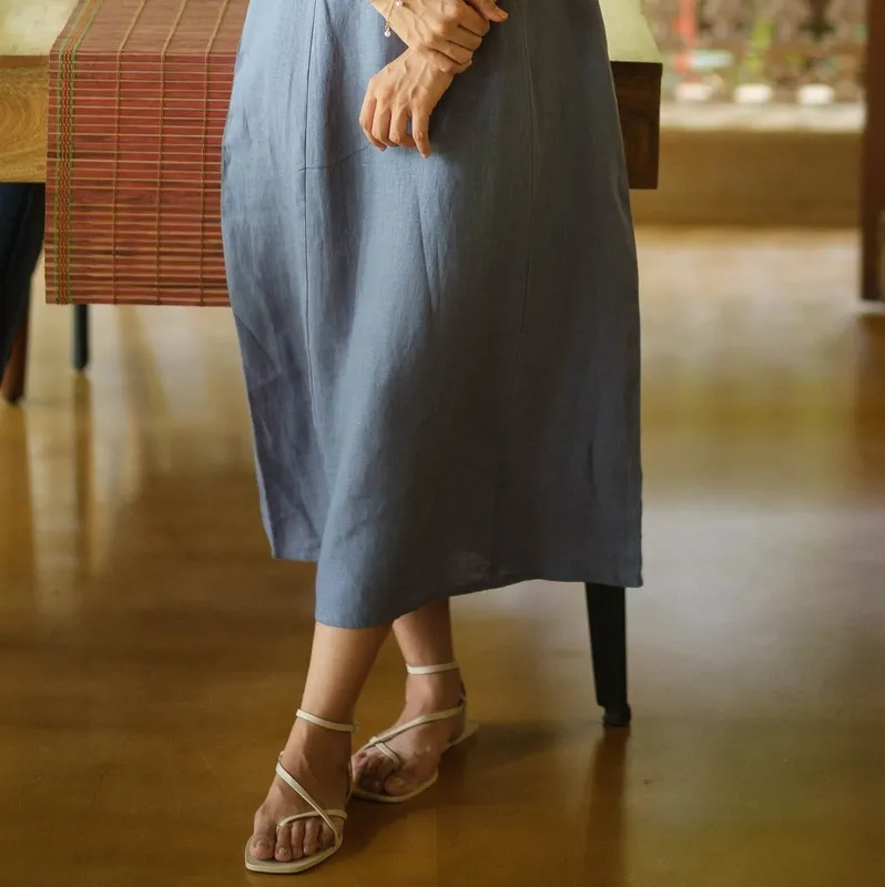 Wildflower Blue Linen Square-Neck Midi Dress