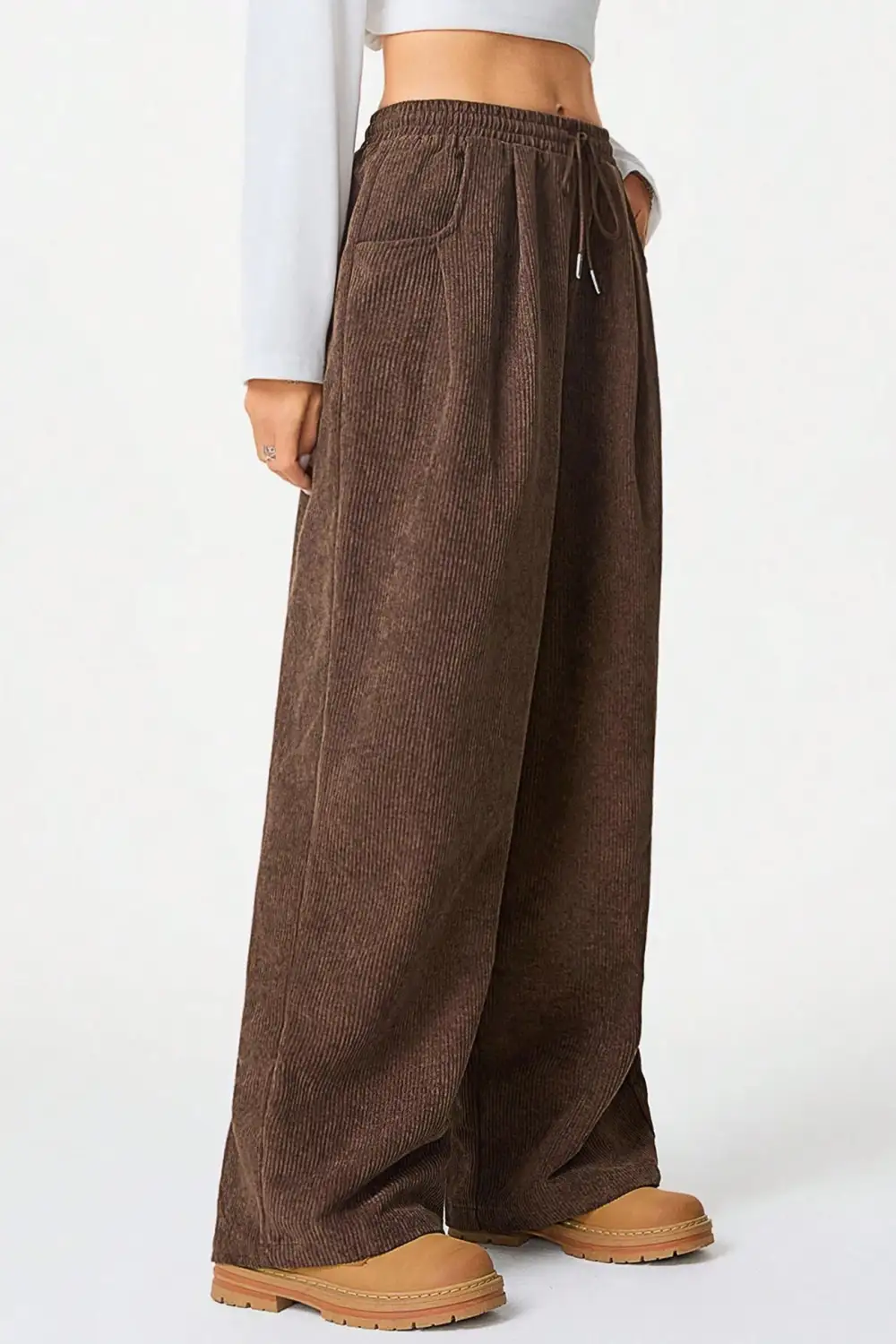 Drawstring Flannel Wide Leg Pants