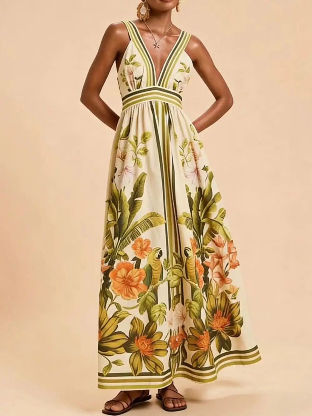 Soft Touch Printed V Neck Maxi Dress