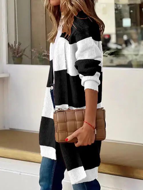 Contrast Open-Front Long-Sleeve Cardigan
