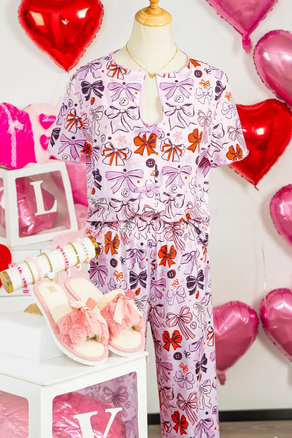 Bow Print Button Front Short Pajama Set