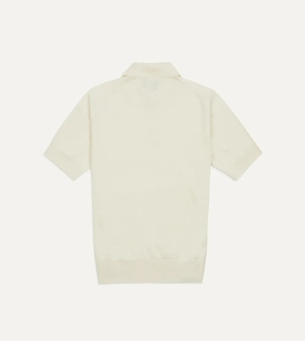 Ecru Knitted Linen-Cotton Short-Sleeve Polo Shirt Lapel