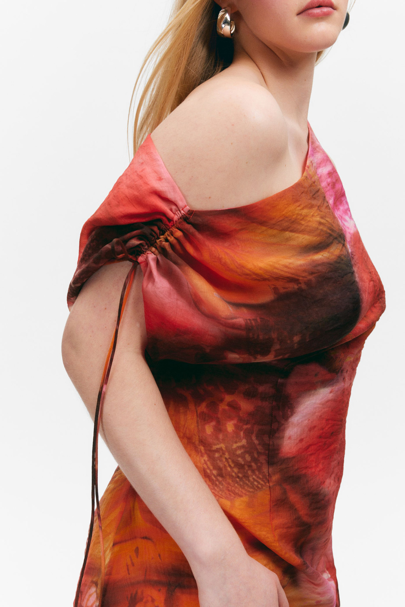 Drawstring Hem Asymmetrical Neck Dress